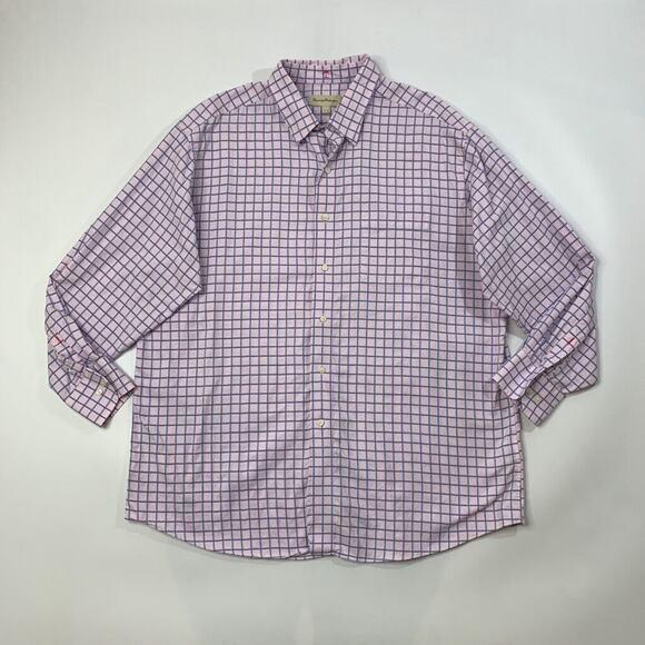 Tommy Bahama Shirt Mens 17 Pink Royal Blue Check Windowpane Cotton Button Up - Picture 2 of 9